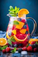 Refreshing summer drink with various fruits and mint in a glass pitcher on a wooden table photo