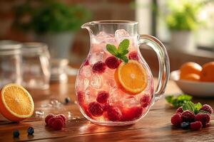 Refreshing summer drink with raspberries, orange and ice in a glass pitcher photo