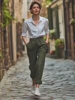 A woman in white shirt and green pants walking down a cobblestone street photo
