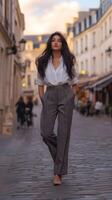 A woman in a white shirt and grey pants walking down a cobblestone street photo