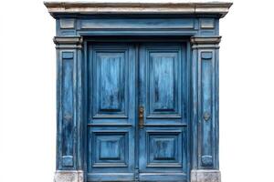 Elegant blue weathered wooden door with stone frame isolated on white photo