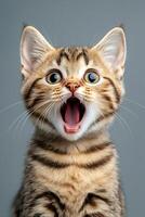 Portrait of surprised kitten meowing with wide open mouth photo