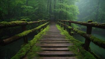 Mossy wooden bridge leading through misty forest photo