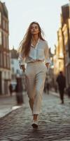 A woman in white pants and a white shirt walking down a cobblestone street photo