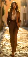 A woman in a suit walking down a cobblestone street photo
