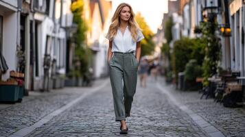A woman in a white shirt and green pants walking down a cobblestone street photo