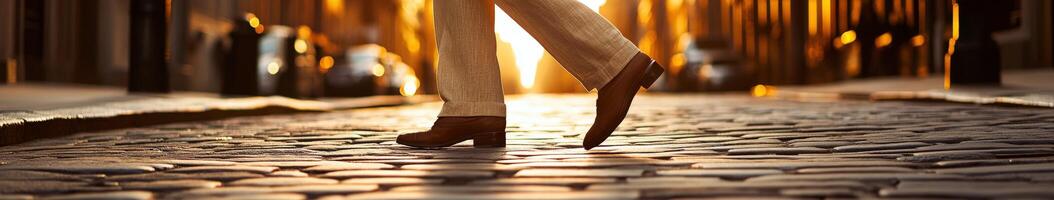 A woman's legs are standing on a cobblestone street photo