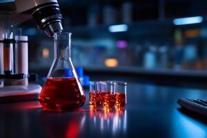 Microscope analyzing red chemical liquid in laboratory glassware with beakers on table photo