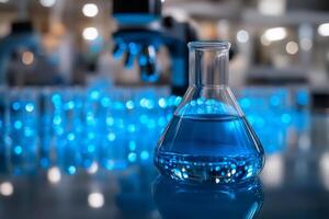 Erlenmeyer flask containing blue liquid stands on table in laboratory setting with microscope in background photo
