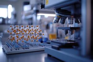 Modern microscope analyzing molecular structure in laboratory setting photo