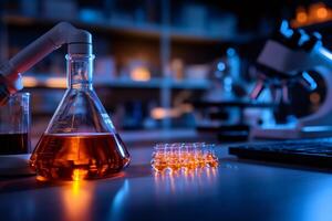 Chemical liquid being poured into erlenmeyer flask in laboratory setting photo