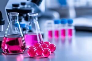 Laboratory flasks containing pink liquid with microscope and test tubes in background photo