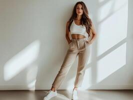 Woman in white crop top and beige pants photo