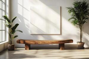 Sunlight illuminating empty frame with wooden bench and plants in modern room photo