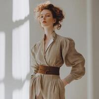 A woman in a tan dress and belt photo