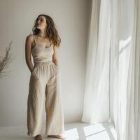 A woman in a white tank top and wide pants photo