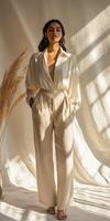 A woman in a white shirt and wide pants photo