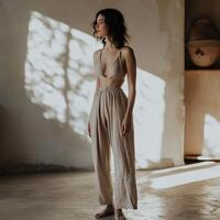 A woman in a beige top and wide pants photo