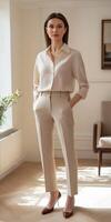 A woman in a white shirt and pants standing in a room photo