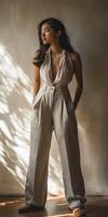 A woman in a white jumpsuit standing in a room photo