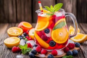 Refreshing summer sangria with fresh fruits and ice cubes photo