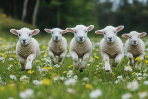 Five lambs running in a field of flowers photo