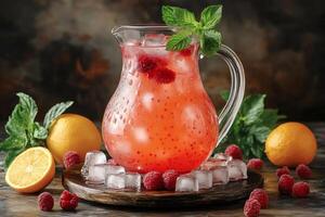 Refreshing raspberry lemonade with ice cubes, mint, and oranges on wooden table photo