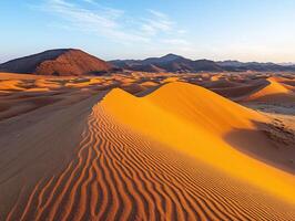 Golden sand dunes stretch across a vast desert landscape photo