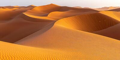 Golden dunes shaped by wind under clear sky at sunset photo