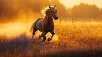 Haflinger horse galloping in a field at sunset creating dust cloud photo