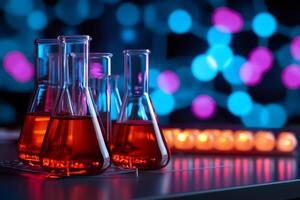 Laboratory flasks containing orange chemical substance with bokeh effect background photo