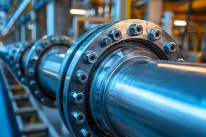 Industrial pipeline system showing flanges and bolts in a processing plant photo