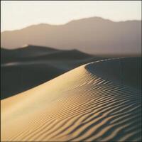 A desert with sand dunes and mountains in the background photo