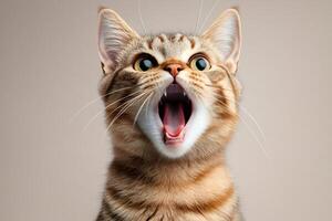 Portrait of tabby cat meowing with wide open mouth photo