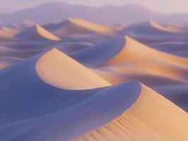 A desert with sand dunes and mountains in the background photo