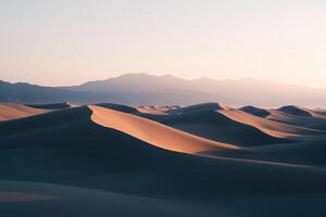 A desert with sand dunes and mountains in the background photo