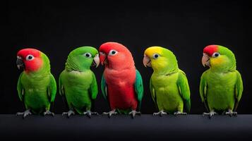Five colorful parrots perched on a branch, a vibrant display of avian beauty photo