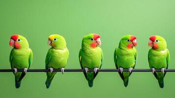 Five colorful parrots perching on a branch on green background photo