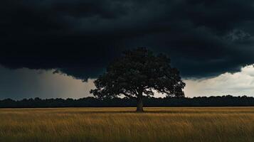 A lone tree in a field under a dark sky photo
