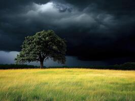 A lone tree in a field under a dark stormy sky photo