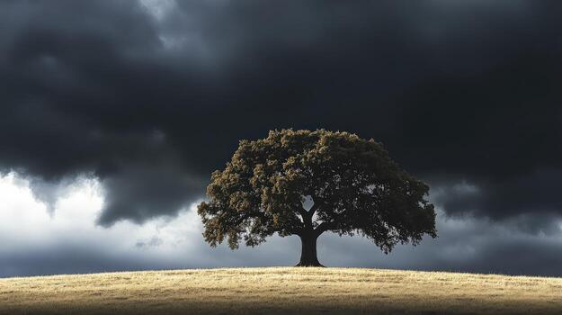 A lone tree stands on a hill under a dark sky photo
