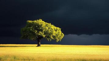 A lone tree in a field with dark clouds in the background photo