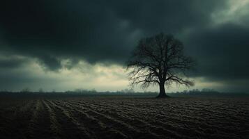 A lone tree stands in a field under a dark sky photo