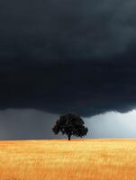 A lone tree in a field under a dark sky photo