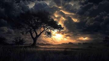 Striking oak tree silhouetted against dramatic clouds and sunset glow photo