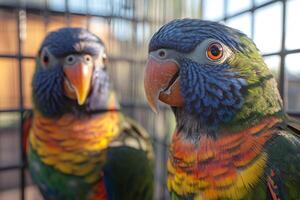 Rainbow lorikeet posing in an aviary with another bird photo