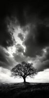 Majestic oak tree silhouetted against a dramatic sky in black and white photo