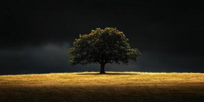 Majestic oak tree standing alone in a sunlit grassy field under dark clouds photo