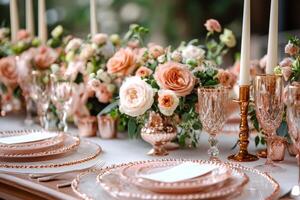 Elegant wedding table setting decorated with peach flowers and copper colored dishes photo
