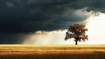 Majestic oak tree stands alone in golden field under dramatic stormy sky photo